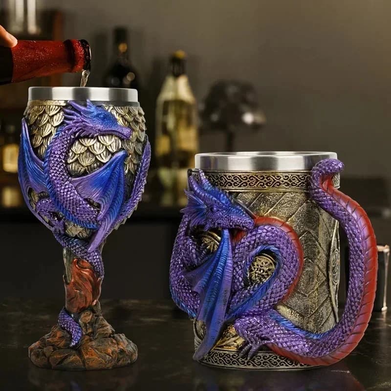 Creativo 3D Drago Bicchiere di birra Resina 304 Acciaio inossidabile Gotico Calice di vino Vichingo Medievale Tankard Tazze Bar Decorazione Regalo da uomo