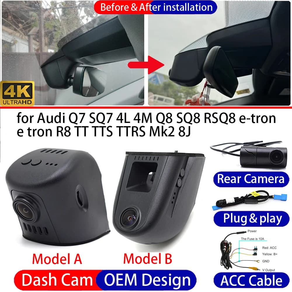 Dash Cam per Audi Q7 SQ7 4L 4M Q8 SQ8 RSQ8 e-tron e tron R8 TT TTS TTRS Mk2 Anteriore Posteriore 4K DVR Registratore di Guida Telecamera da Cruscotto