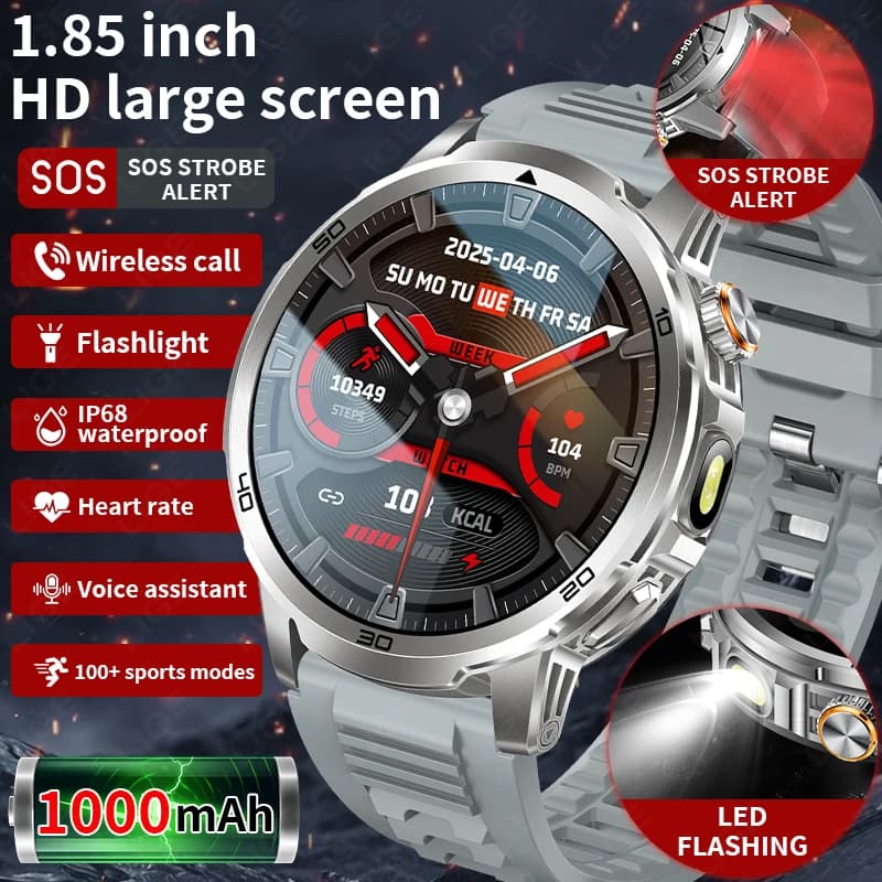 LIGE Nuovo Smartwatch Militare da Esterno con Display AMOLED da 1,85 Pollici, Batteria Grande da 1000mAh, Impermeabile 5ATM, Chiamate Vocali, Braccialetto Fitness Sportivo da Uomo