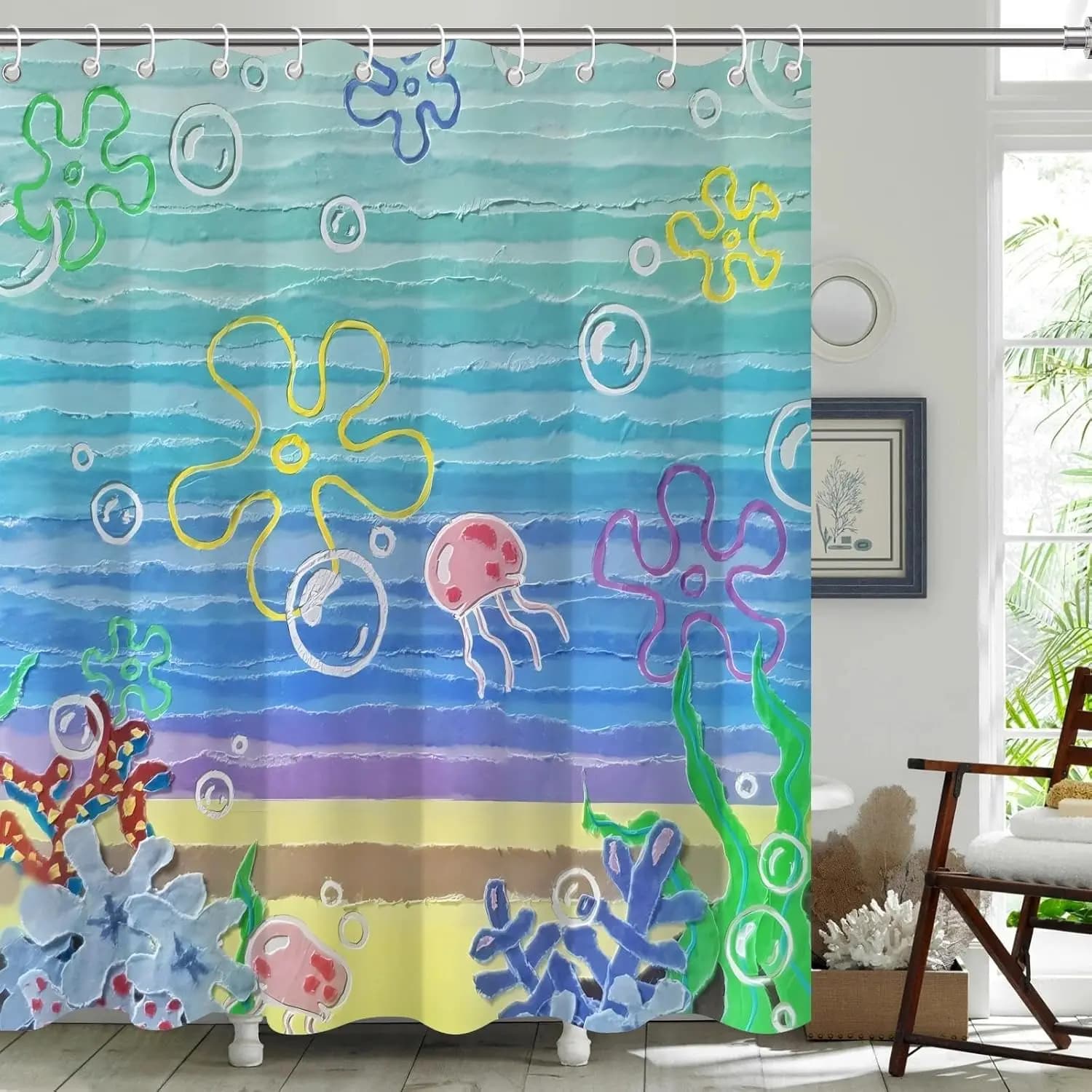 Tenda da Doccia con Motivi Marini e Spiaggia, Tenda da Bagno Anime con Tema Oceano, Divertente e Carina Tenda Impermeabile in Tessuto