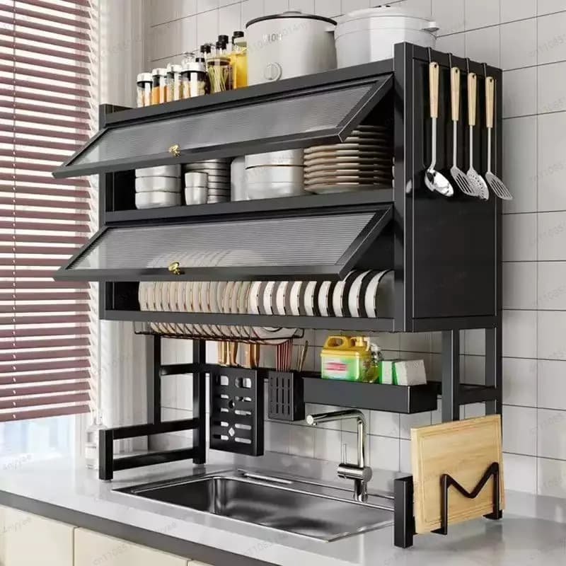 Dish Rack with Utensil Holder for Sink - Dustproof Carbon Steel Organizer for Plates/Bowls/Cutting Boards | Space Kitchen