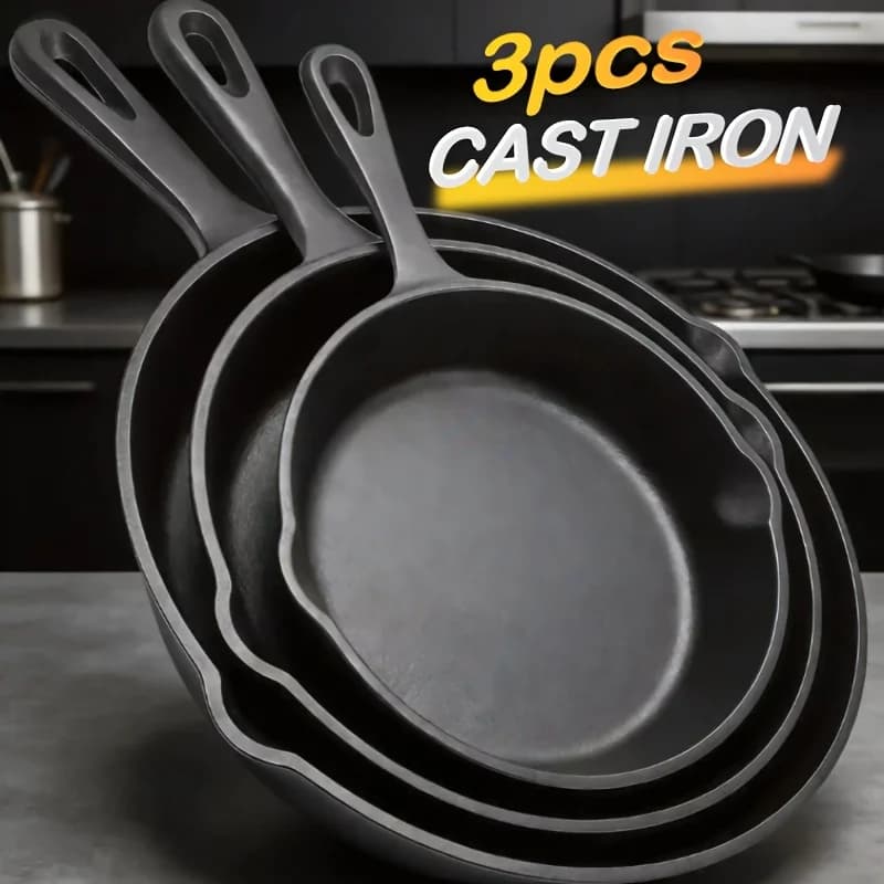 Set di pentole in ghisa da 3 pezzi: padella antiaderente resistente, padella multifunzionale, padella e teglia da forno, adatti per uso in cucina e all'aperto - perfetti per cucinare bistecche e pollo