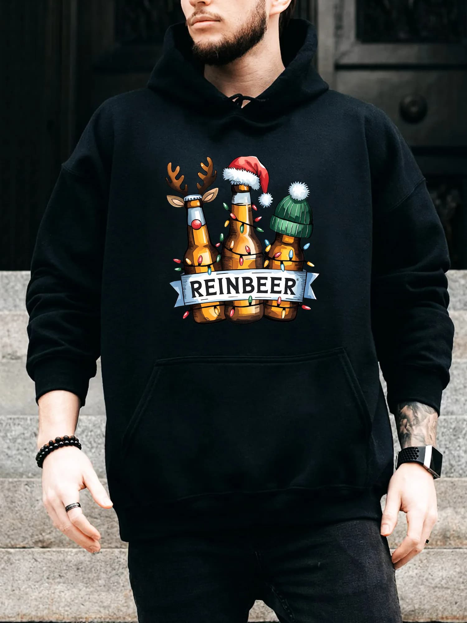 Felpa con cappuccio da uomo con coulisse Beer Christmas Reinbeer - Pullover nero casual e confortevole, felpa con cappuccio autunno e inverno