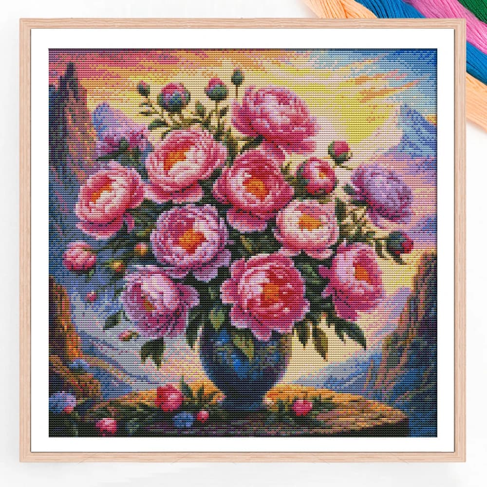 Modello di vaso di peonia Kit di fiori a punto croce fai-da-te Forniture per cucire fatte a mano Pacchetto di ricamo stampato Set di cucito
