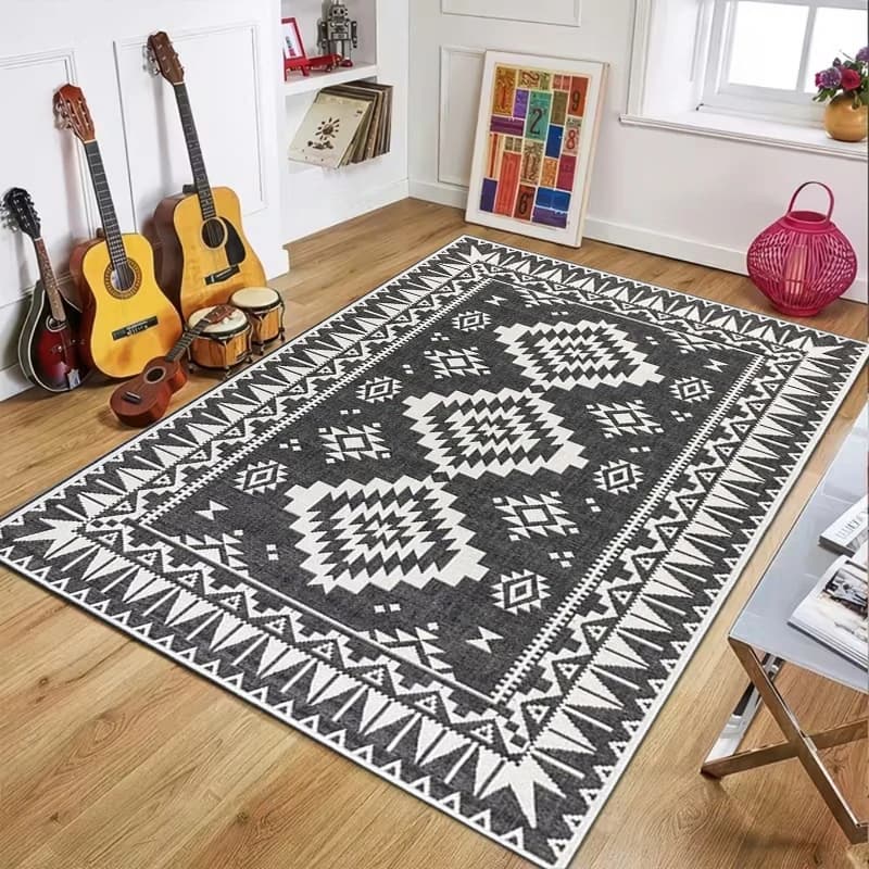 Tappeto Geometrico Grigio Scuro con Motivo a Diamante Tribale, Elegante e Antiscivolo, Decorazione per Casa, Soggiorno, Camera da Letto, Tappeto da Interno