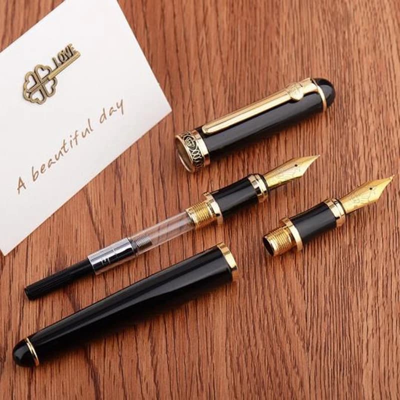 Duke D2 Elegant Black / Golden Clip D2 Medium Nib Fountain Pen With 1PC Calligraphy Fude Bent Nib Interchangeable Set Stationery