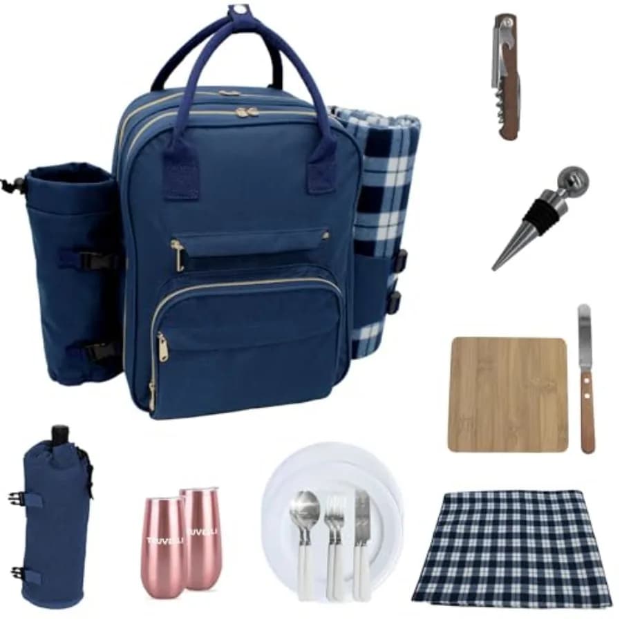 Zaino da Picnic Truvelli per 2 Persone con Coperta, Set Zaino da Picnic Isolato 12-in-1 con Portabottiglie, Posate e Tagliere per Formaggi