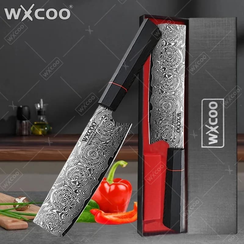 WXCOO Coltello da Cucina Damasco 8 Pollici, 67 Strati, Kiritsuke, per Filettare Pesce, Disossare Carne, Affettare, VG10, Santoku per Frutta
