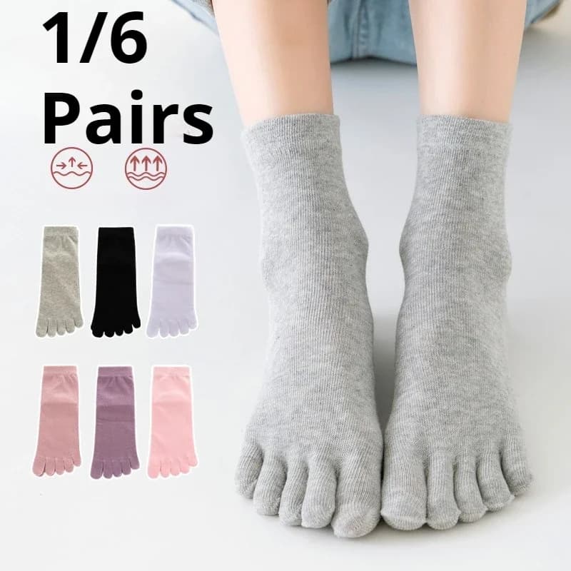 1/6 paia di calzini senza cuciture che assorbono il sudore, traspiranti, con dita separate, per la primavera, nuovi calzini da donna casual e comodi in puro cotone