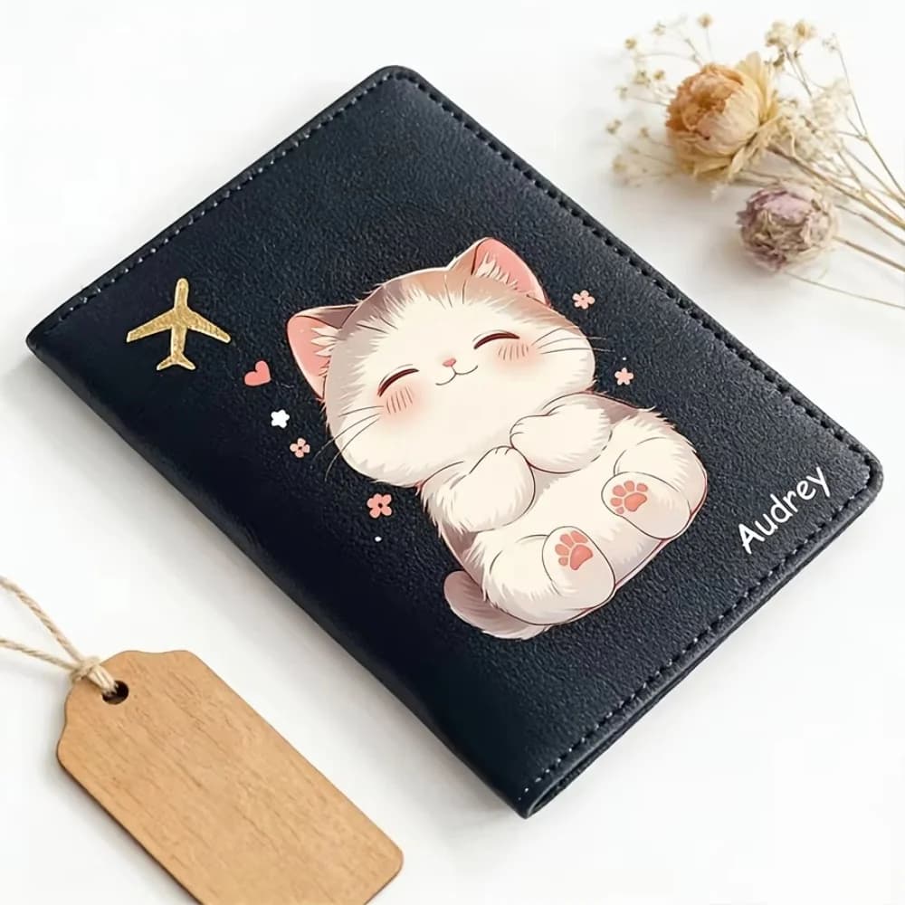 Custom Name Cute Cat Pattern Passport Holder, Open Travel Document Organizer, Multi-color Practical Ideal Gift for Travel Lovers