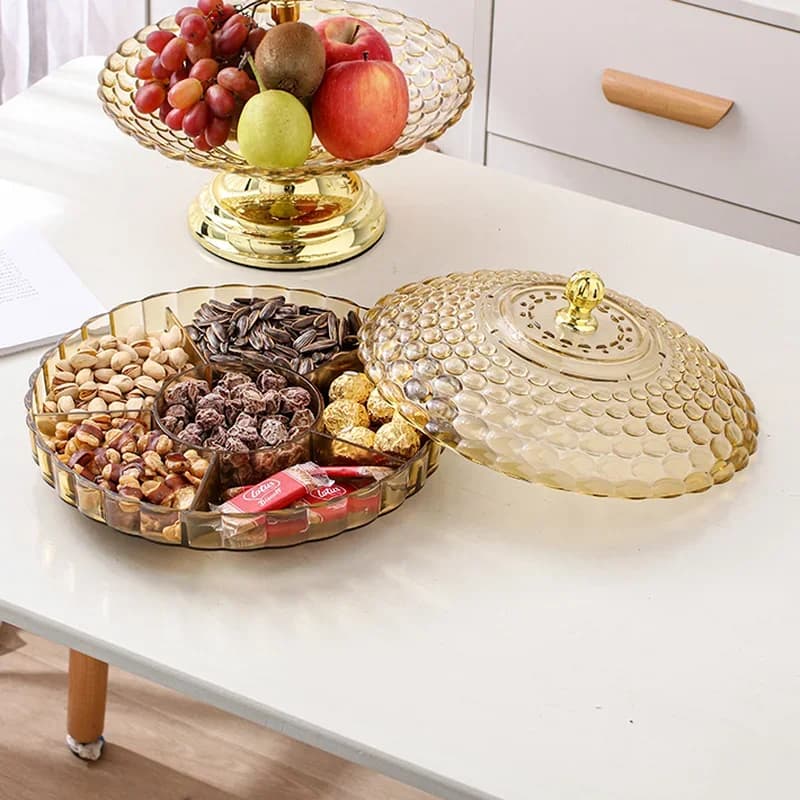 Scatola per frutta secca in acrilico con coperchio 6 griglie Vassoio per snack Scatola per caramelle Piatto per noci Scatole per alimenti Contenitore per snack Scatole per snack Piatto per snack