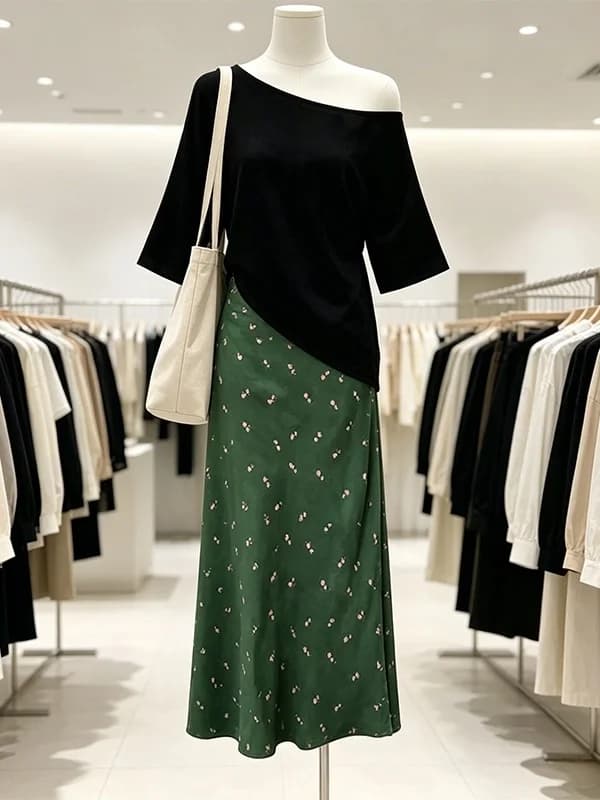 Large Size Women's Summer Shoulder Bared Half Sleeve T-shirt Floral Half Skirt Two Piece Set Casual High Waist A-Line Skirt