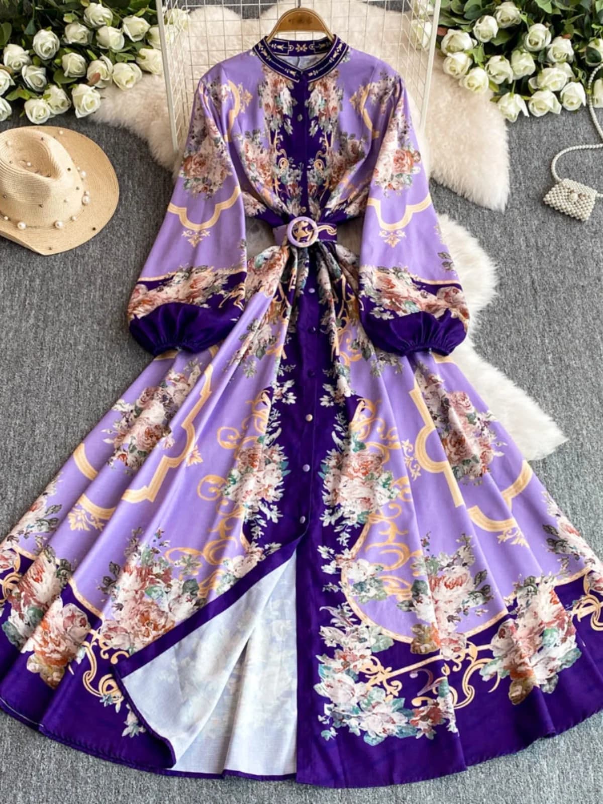 Elegant Long Printed Dress Women's Fashionable Slimming Gown French Style Button Detail A-Line Skirt for City Commuting Parti...