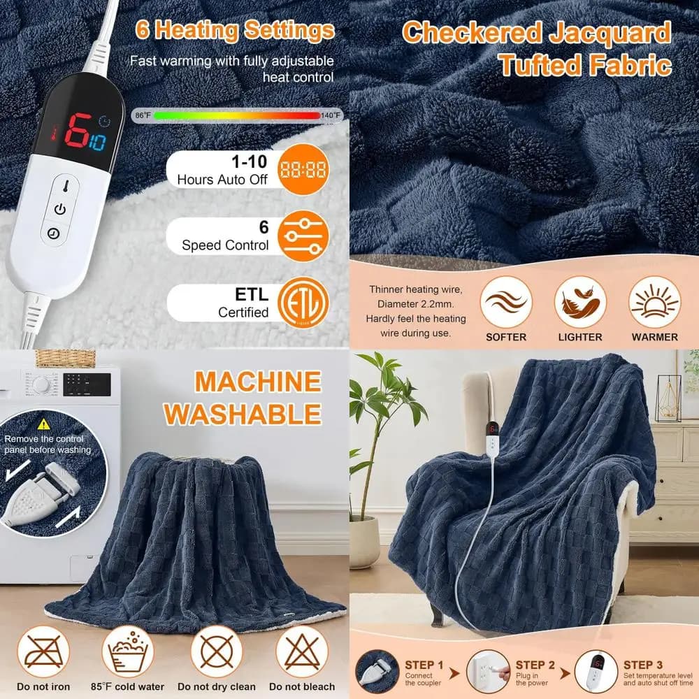 Coperta riscaldata elettrica Queen Size con doppi controlli, Sherpa jacquard 84x90, 6 livelli di calore, spegnimento automatico di 10 ore, protezione da surriscaldamento