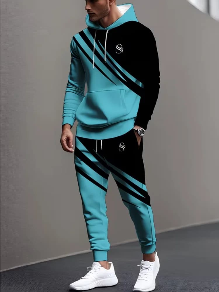 Men 2 Piece Tracksuit Fashion Outwear Holiday Diagonal Stripe Hoodie Sweatshirt Jogger Pants Set Loose Casual Sports Outfit