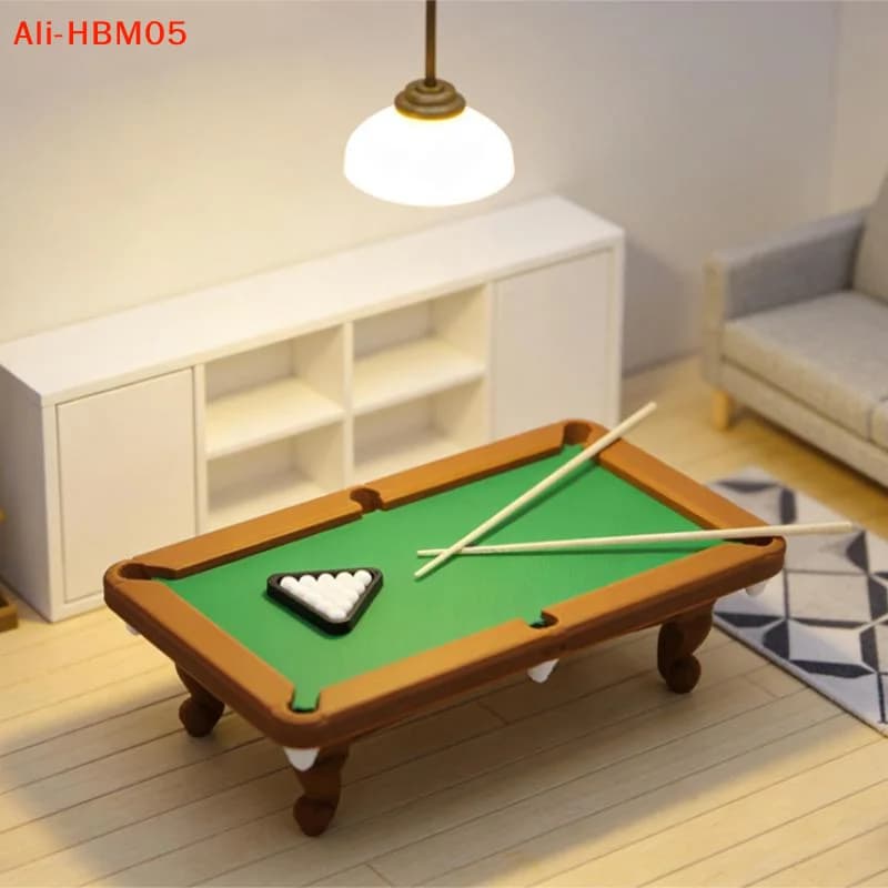 (HB05)1 Set Billiard Model With Cue Rack Pretend Play Accessory 1:12 Dollhouse Mini Pool Table Furniture Kit For Diorama Decor