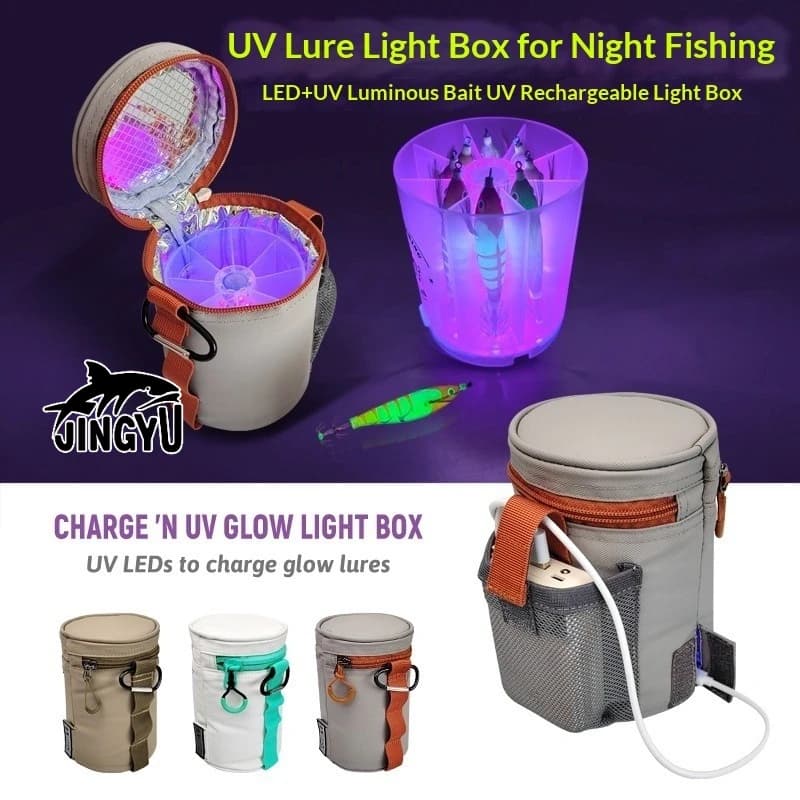 Nuove borse e scatole da pesca Richiamo di pesca Bagliore UV Luce di riempimento Strumento Squid Jig Egi Tackle Box Esca dura Custodia per jig in metallo