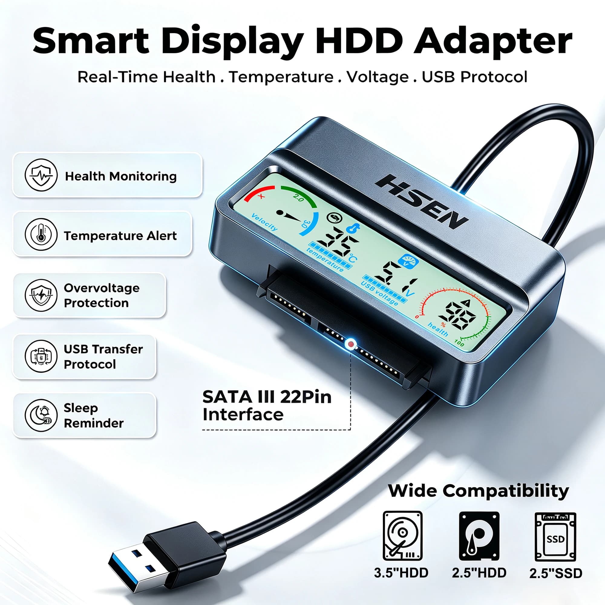 USB 3.2 to SATA Adapter & Converter Cable for 2.5" & 3.5" HDD & SSD, External Hard Drive Reader with Smart Display