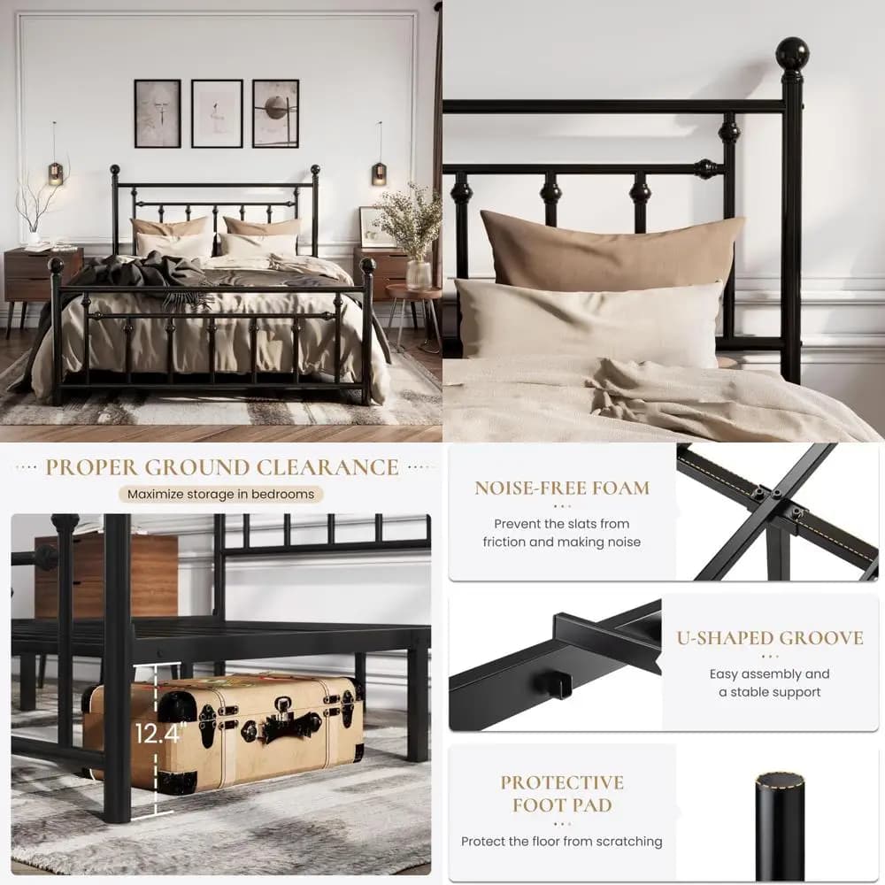 Struttura letto con piattaforma in metallo queen size con testiera e pediera in stile vittoriano, base per materasso a doghe in acciaio per riporre oggetti