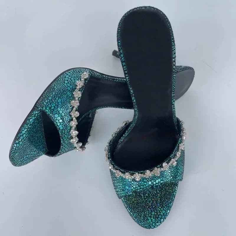 Summer new round-toed fish mouth sequin rhinestone fashion slippers banquet dress large size thin high-heeled women's sandals