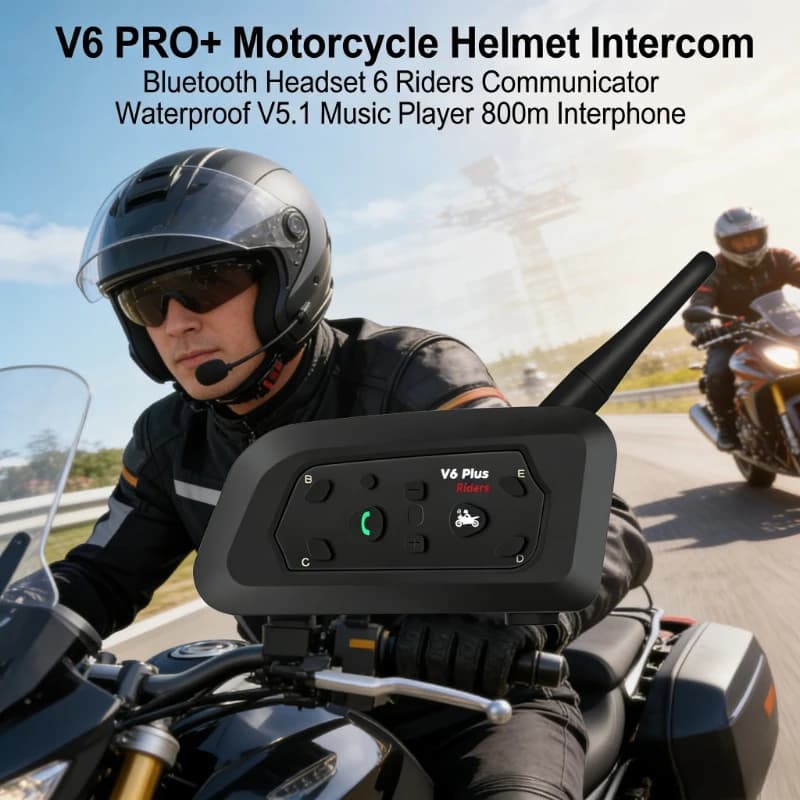 Interfono per Moto V6 PRO+ BT5.1 per 6 Motociclisti, Auricolare Impermeabile per Casco, Lettore Musicale Wireless con Comunicazione fino a 800m