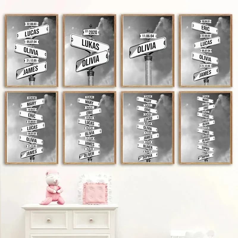 Wall Art Intersection Street Sign 1-8 Names Anniversary Canvas Painting Personalized Father's Day Gift Family Street Home Dec
