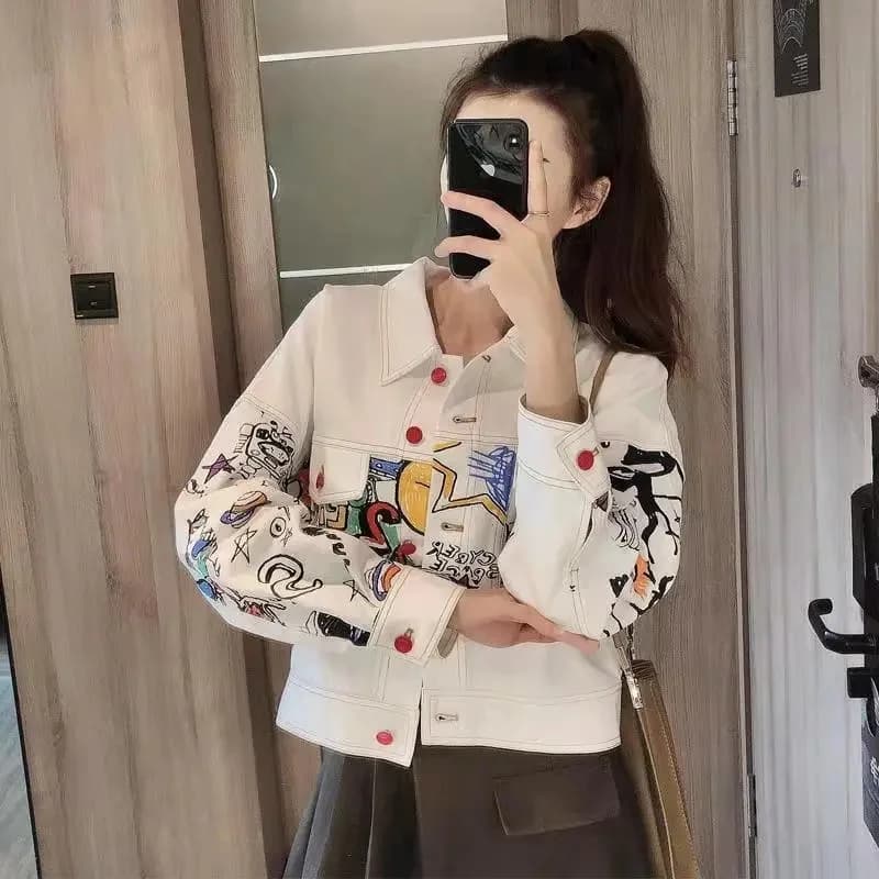 Korean women's fashion for leisure Cowboy Top Outwear 2025 Women's jeans jacket with print Women's long sleeve jeans coat spring autumn