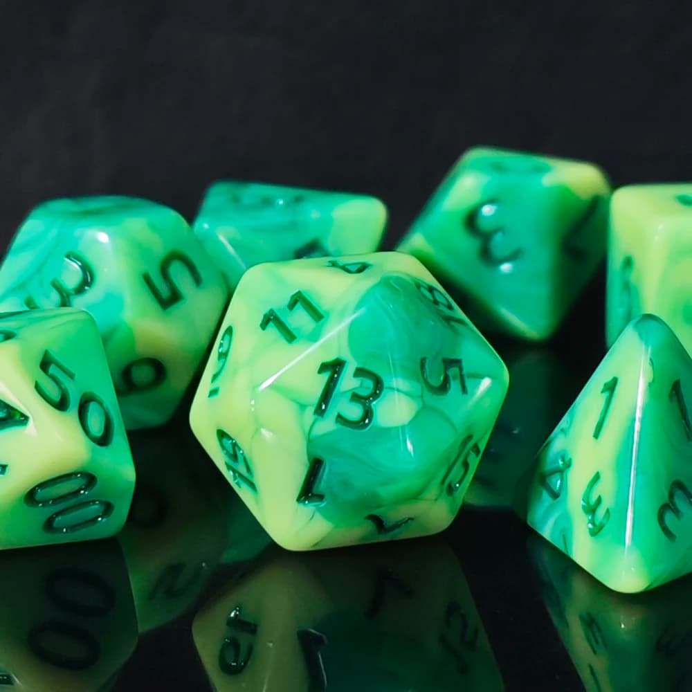 7Pcs Swirl Green Yellow Polyhedral Dice Set DND RPG D4 D6 D8 D10 D12 D20 for Dungeons and Dragons Table Games