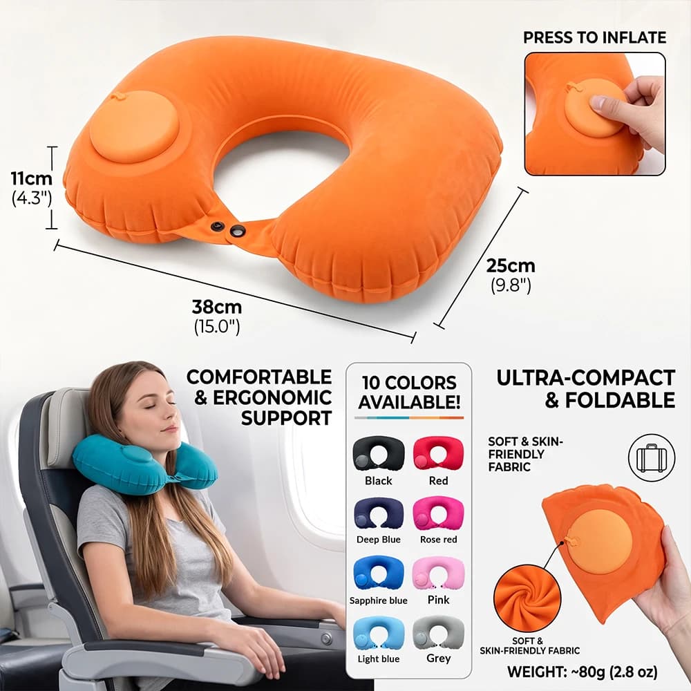 1pc Lightweight PVC Flocked Inflatable Neck Pillow, Foldable Portable U Pillow for Outdoor Travel Sleeping Support
