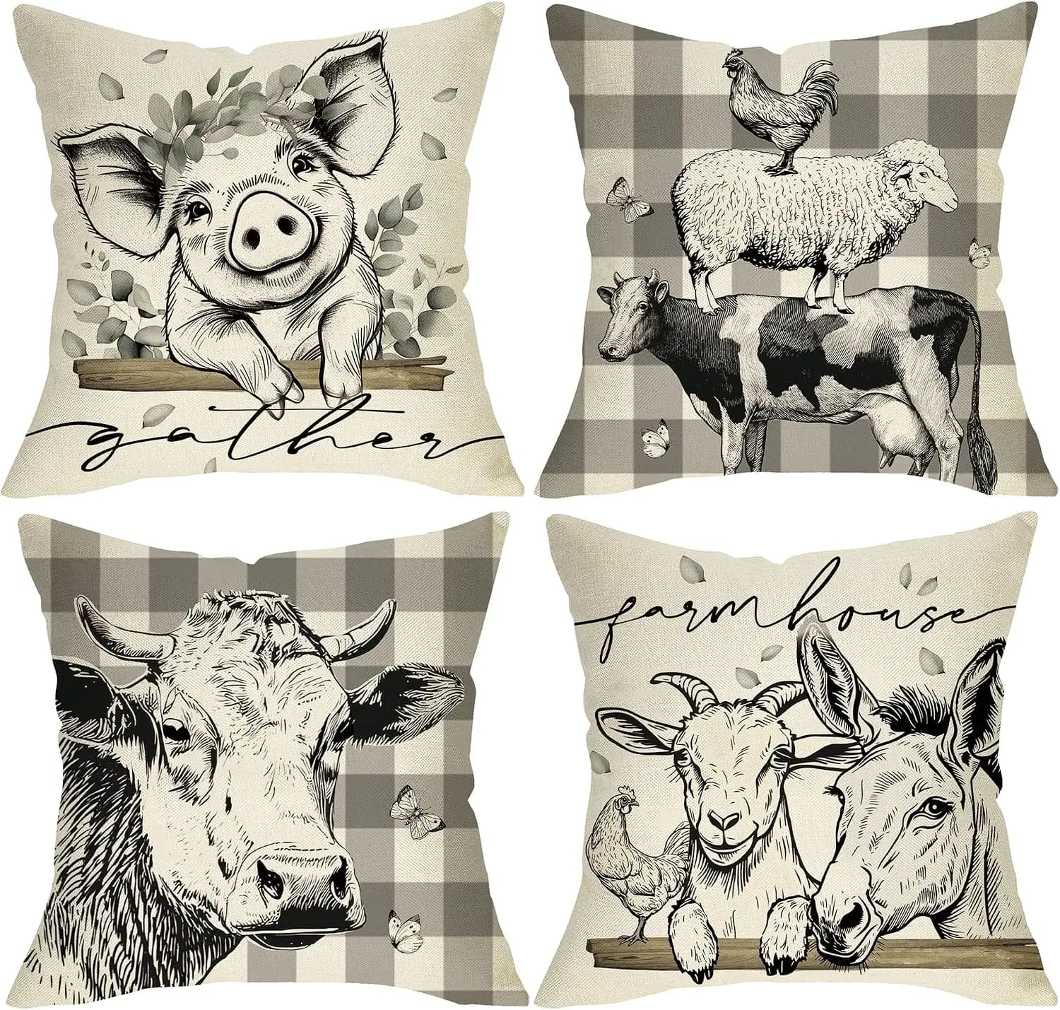 Durable 4-Piece Farm Animal Pillow Covers Set Rustic Barnyard Farmhouse Throw Cushion Decor for Living Room