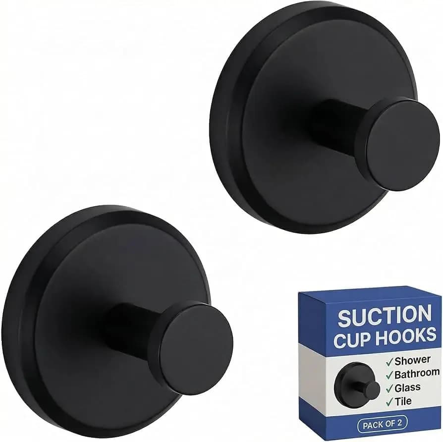 Suction Cup Hooks for Shower & Bathroom Towel Holder 2-Pack – Heavy Duty, Rust-Free, Twist-Lock, Holds 15 lbs - Black