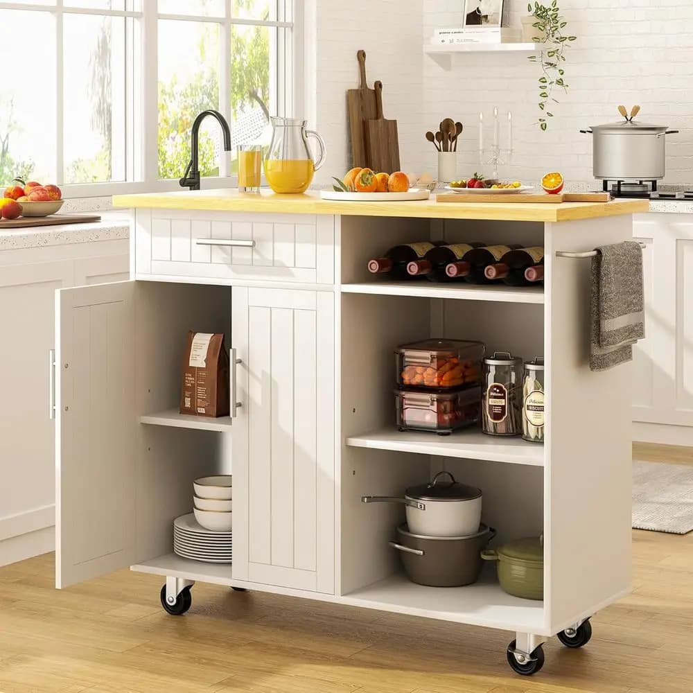 42 Rolling Kitchen Island with Storage, Shelves, and Towel Bar - Portable Utility Cart in White