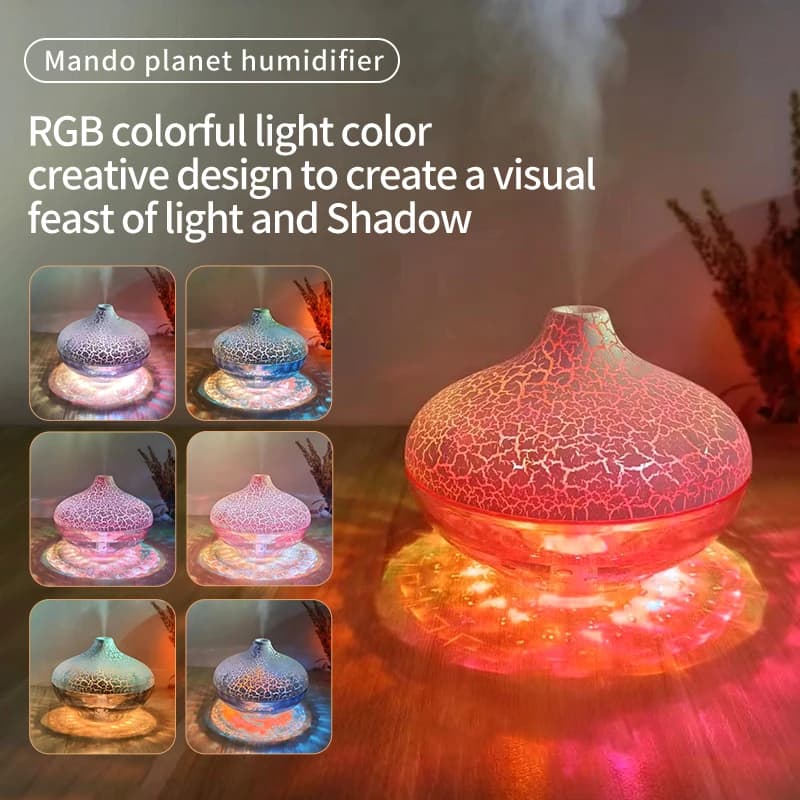 2025 Nuovo umidificatore da tavolo caldo transfrontaliero a forma di sfera di crepa di cristallo con luce d'atmosfera di corsa a 7 colori Spray silenzioso per la casa