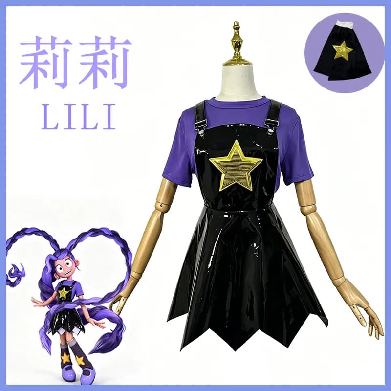Set Costume Cosplay da Ragazza Stellare - T-shirt Viola + Gonna con Bretelle in Pelle Verniciata Nera con Scaldamuscoli