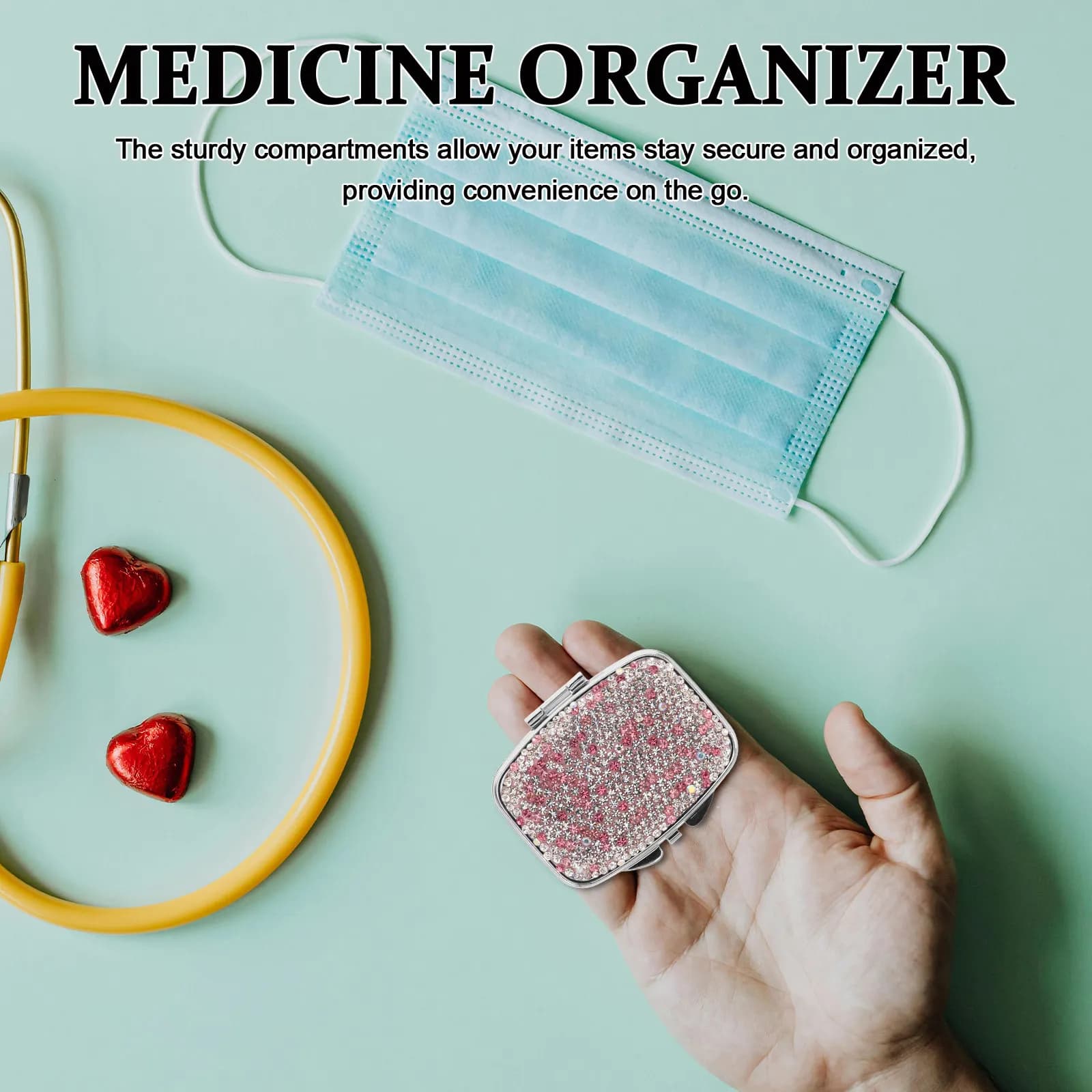 Mini Portapillole da Viaggio, Organizzatore Compatto Portatile con Design in Strass, Scatola Multicomparto per Vitamine e Integratori Quotidiani