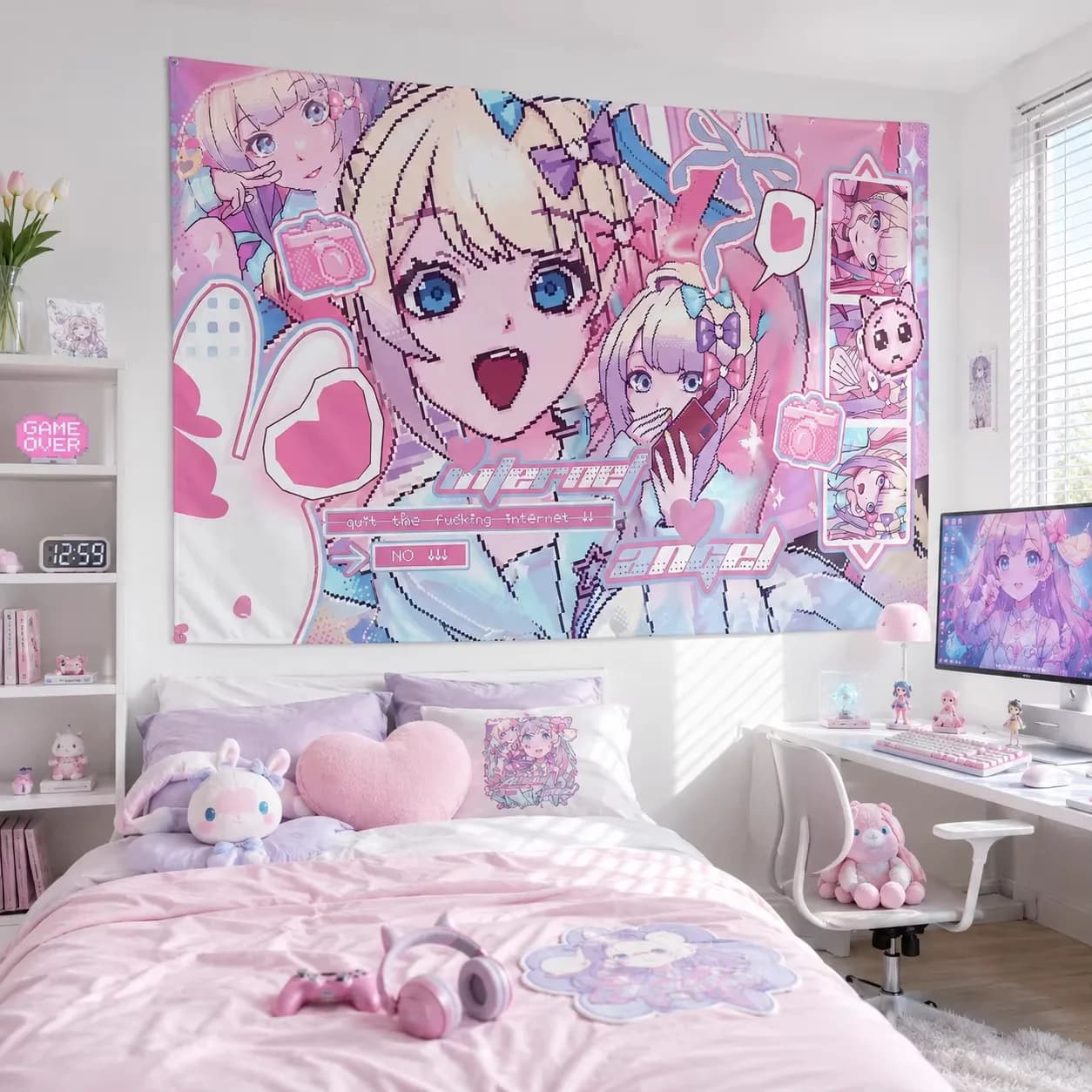K-KAngel Cute Pixel Tapestry, Y2K Pastel Internet Angel Wall Hanging Aesthetic Decor for Bedroom Dorm Room Decoration Items