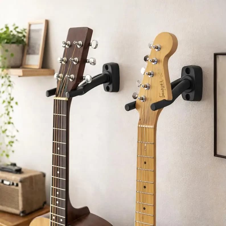 Sponge-padded hooks for guitars, basses and ukuleles - Display stands for guitars, basses and ukuleles - Show off your instruments to others - Keep your instruments well organized - Maintain a tidy and clean home - An excellent holiday gift