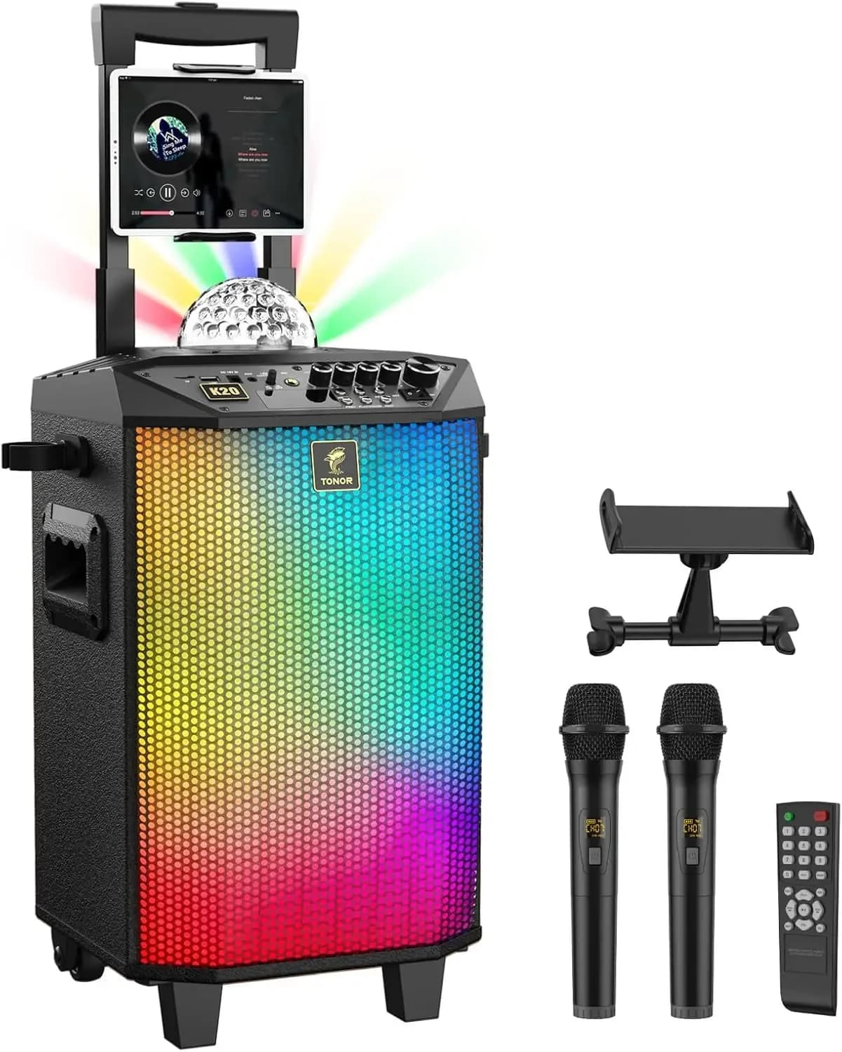 Macchina per Karaoke Wireless per Adulti, Sistema PA Portatile con Altoparlante Bluetooth e 2 Microfoni Wireless da 30 Metri
