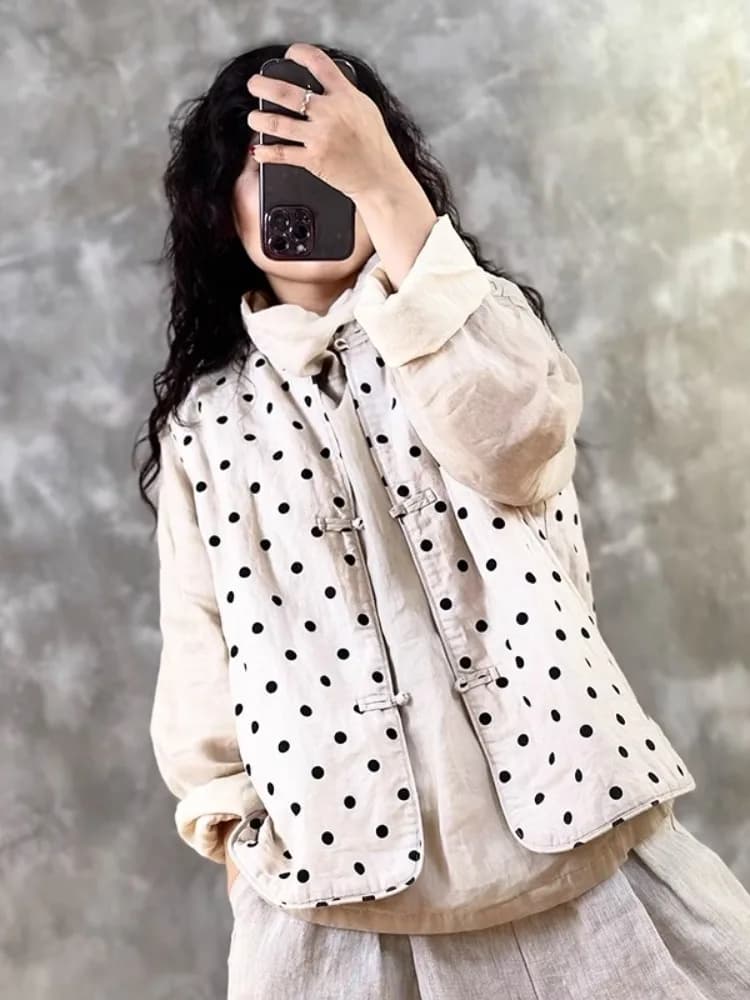 Chinese Style Polka Dot Cotton Linen Vest Women's Winter Outerwear round Neck Warmth Slimming Jacket Coat Commute Fashion