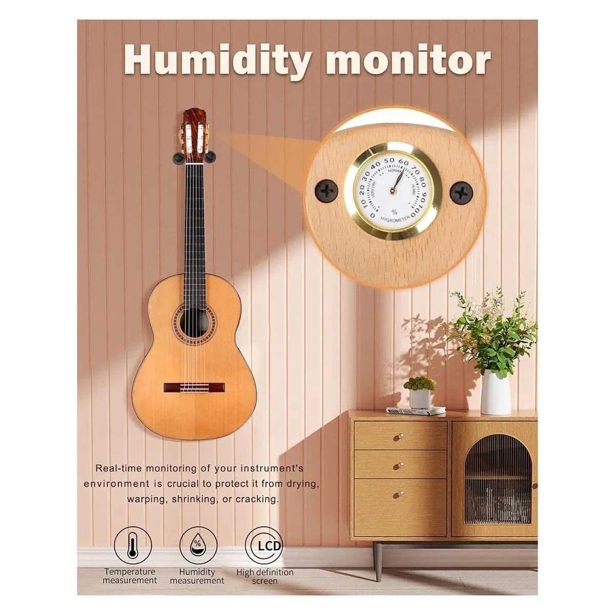 L79A Guitar Wall Mount Holder with Humidity Monitoring Guitar Hanger Hook for Acoustic, Electric, Ukulele, with 5 Picks