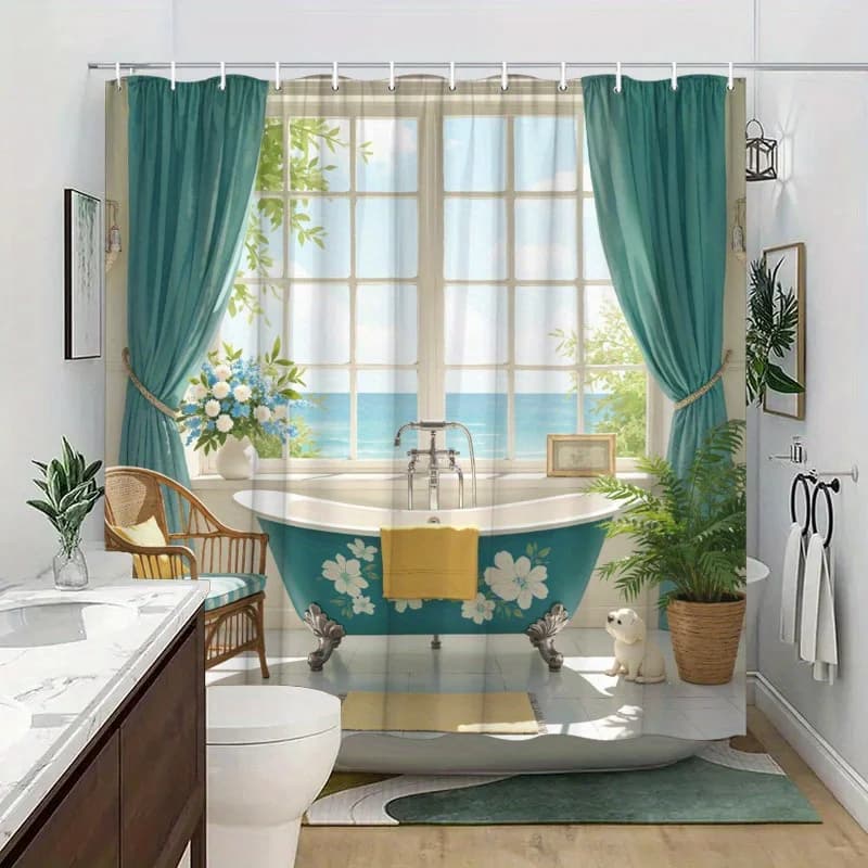 Tenda da doccia vintage costiera - Vasca da bagno con piedini verde acqua e vista sull'oceano, accenti floreali, poliestere, facile da pulire, Oasi Serene Spa