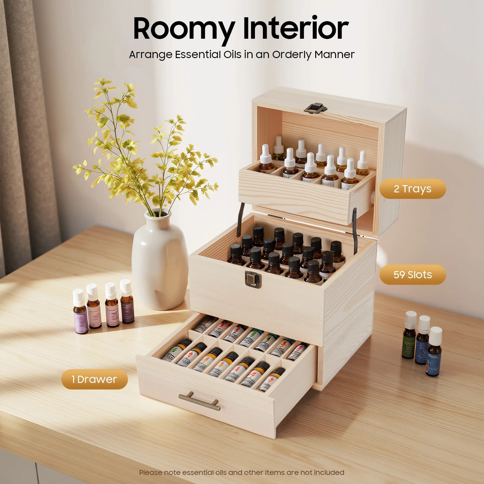 Organizzatore di scatole di immagazzinaggio di oli essenziali in legno a 3 livelli e 59 slot per bottiglie di oli essenziali da 10 ml/15 ml, cosmetici per smalti