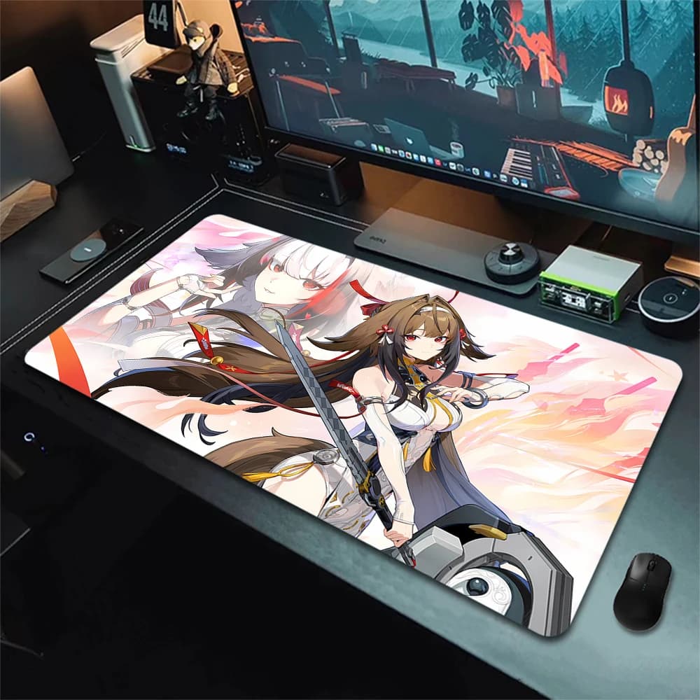 Gaming Mouse Pad, Large Mat, Anti-slip Edges, Brown Hair Samurai Anime Girl Print, Keyboard Pad for Gaming