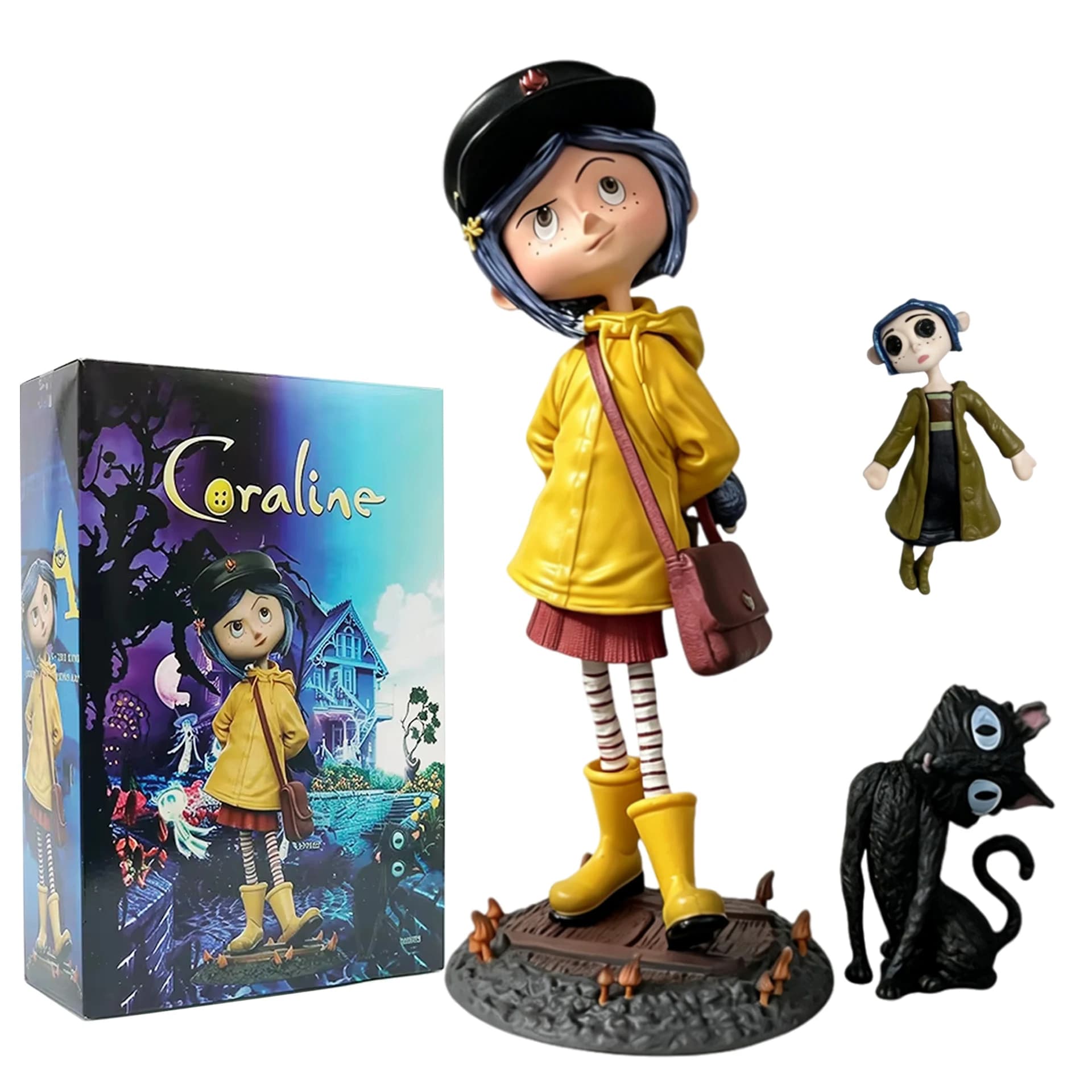 Halloween Coraline Jones Action Figure PVC Doll Yellow Raincoat with Black Cat Themed Collectible Model Toy Horror Movie Gifts