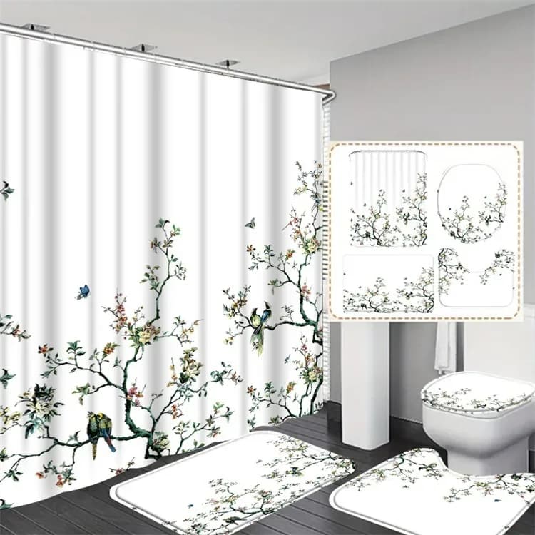 4 Pcs Shower Curtain Sets Bath Mat Decor Bathroom pink Contour Mat Toilet Lid Cover U Shaped Non-Slip Rug Fabric Polyester