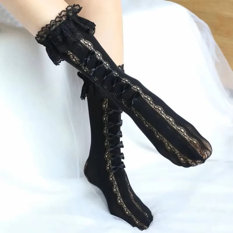 1 paio di calze di media lunghezza a forma di fiocco JK calze di pizzo di pizzo per ragazze Lolita Princess Coa calze a forma di fiocco di pizzo di lunghezza lunga