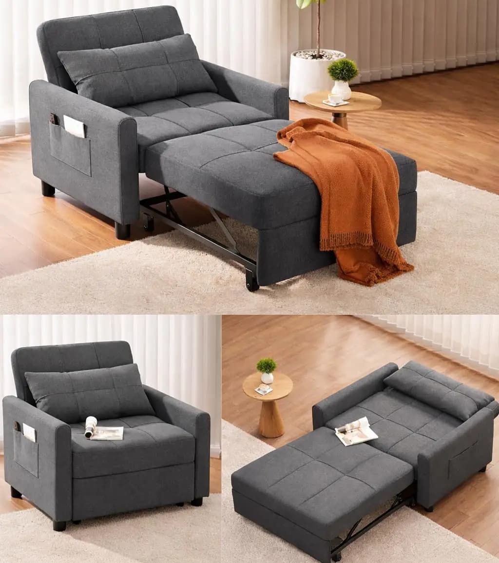 Convertible Sleeper Sofa Bed 3-in-1 Adjustable Linen Fabric Small Space Grey Customized