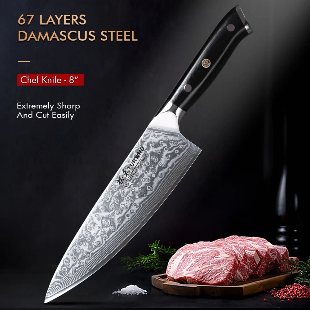TURWHO Coltello da chef giapponese da 8 pollici, coltello da cucina professionale in acciaio damasco a 67 strati, coltello affilato per affettare carne, pesce, accessori da cucina