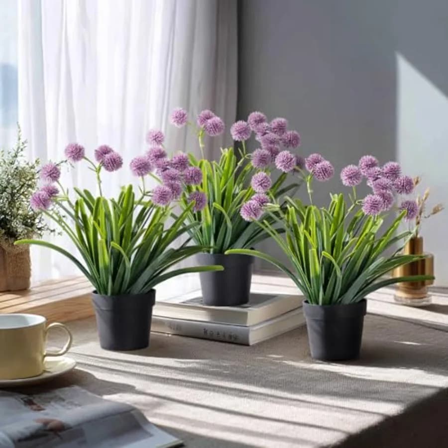 Set of 3 Fin Plants in Vase, Artificial Flowers for Home Furniture, Mini Green Plants for Interior, Bedroom, Living, Office