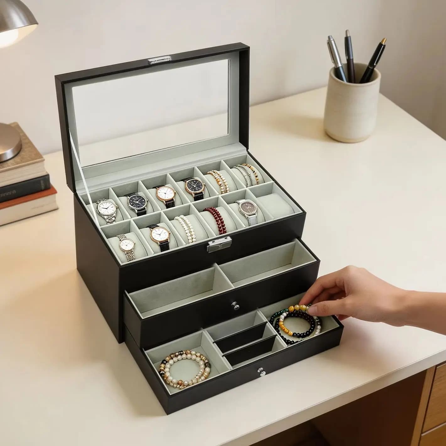 3-Tier Watch Jewelry Storage Box With Lock Glass Top 12 Watch Slots 6 Eyeglass Compartments Display Case For Rings Bracelets